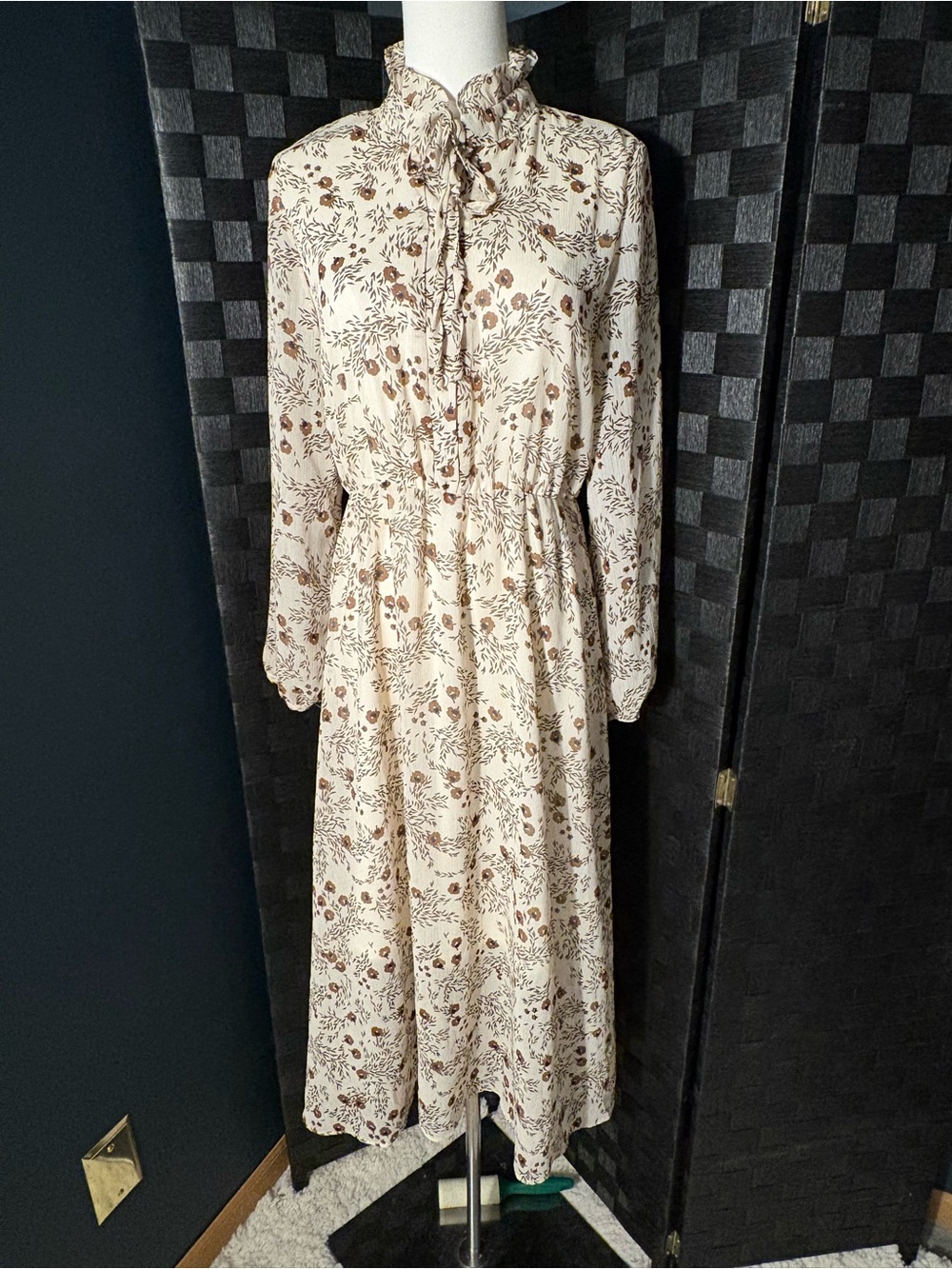 Fall Cottagecore Floral Print Ruffle Tie Neck Long Sleeve Chiffon Dress